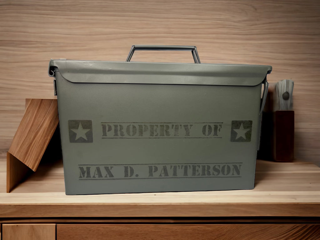 "Property Of" Custom Engraved Ammo Can 50 Cal.| Military style | Gift for dad, granddad, son, husband | Groomsmen gift | Personalized storage