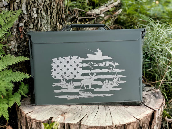 Hunter/Fisherman Flag Design Custom Engraved Ammo Can 50 Cal.| Military style | Gift for dad, granddad, son, husband | Groomsmen gift | Personalized storage